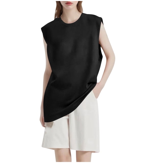 Gilet Sans Manches pour Femmes, Tissu Tricoté en Polyester, Encolure Ronde, Haut Décontracté Léger, Couleur Noire, Taille M