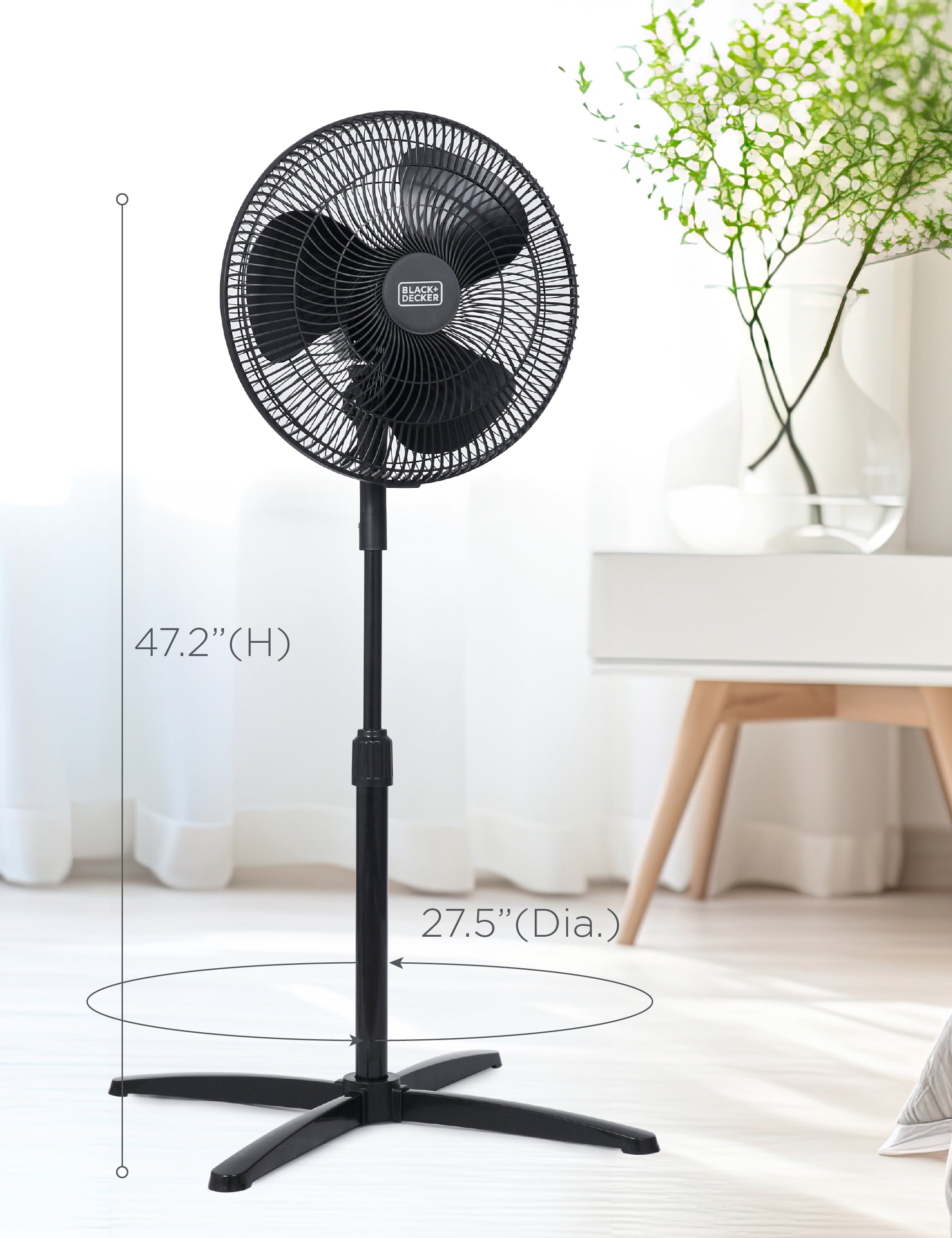 BLACK+DECKER 16-Inch Pedestal Fan, BFP16MXB, Oscillating Fan for Home and Office, Standing Fan with 3 Speed Settings, Height Adjustable with Adjustable Head Tilt, Black