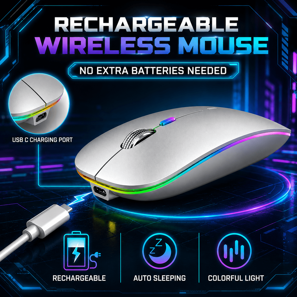 Verdevida Wireless Bluetooth Rechargeable Mouse with LED lights, Dual Mode BT 5.2 & 2.4G with Nano Receiver, Portable Mouse for Laptop,Macbook,iPad
