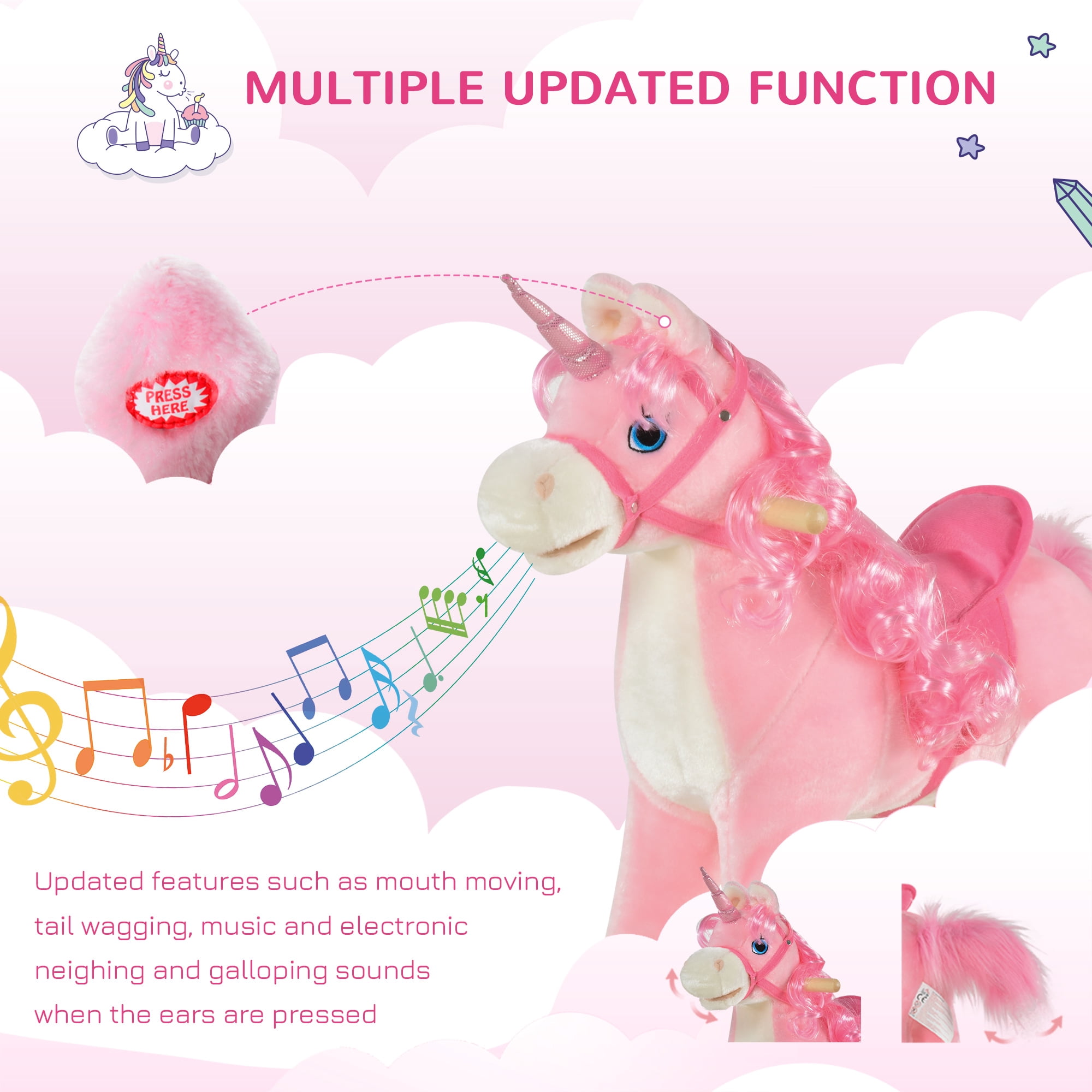 Bikes Qaba Rocking Horse, Ride on Horse Unicorn Design with Wooden Base, Tail Wag & Sounds for Toddlers 3-6 Years Old, Pink, Riding Toys