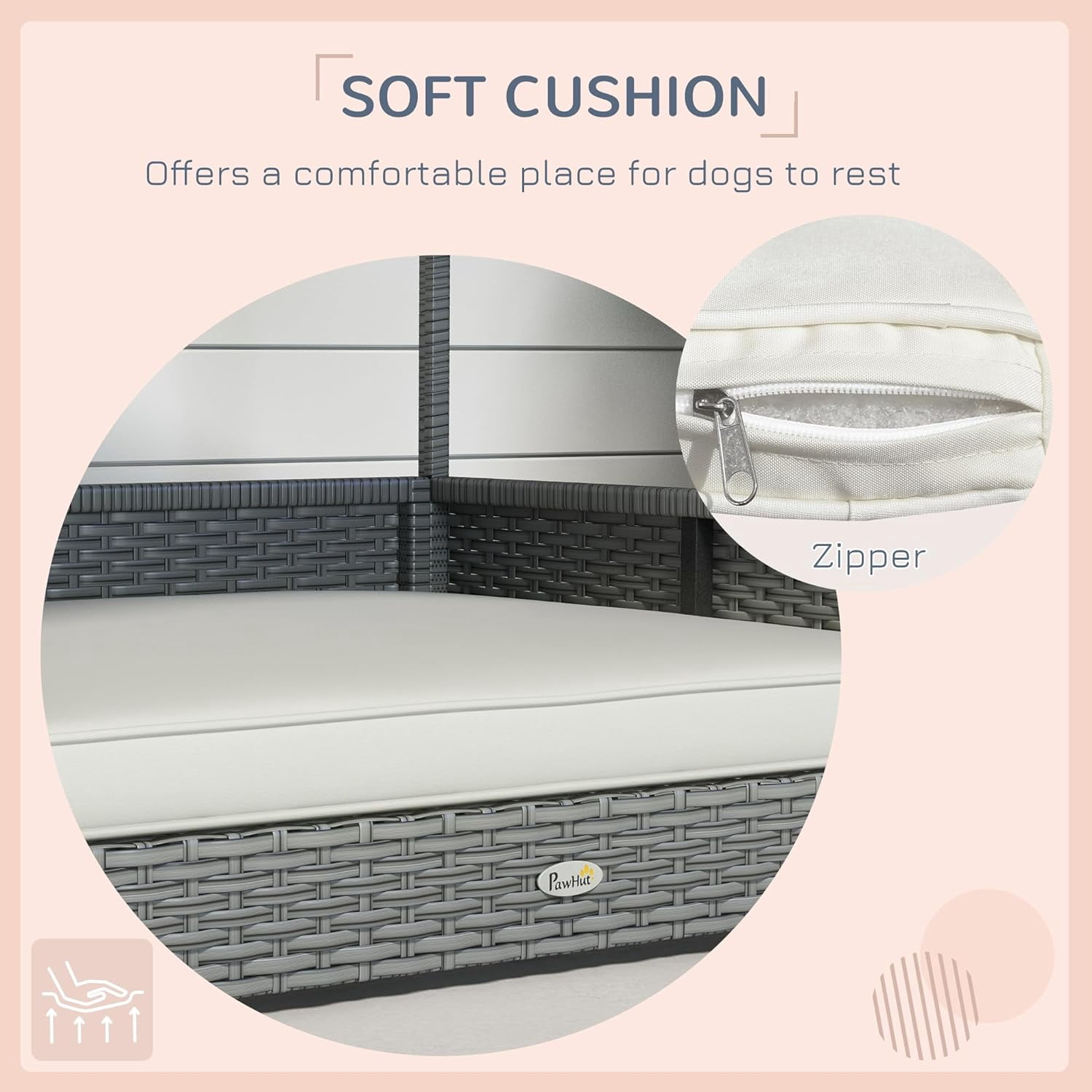 HJTER Wicker Dog House Outdoor with Canopy, Rattan Dog Bed with Water-Resistant Cushion, Raised Pet Bed for Small, Medium Breeds up to 66 lbs, 20" in Length, Silver Wicker, White Cushion