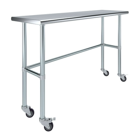 

AmGood 60 Long x 18 Deep Stainless-Steel Work Table with Open Base and Wheels Mobile Metal Table