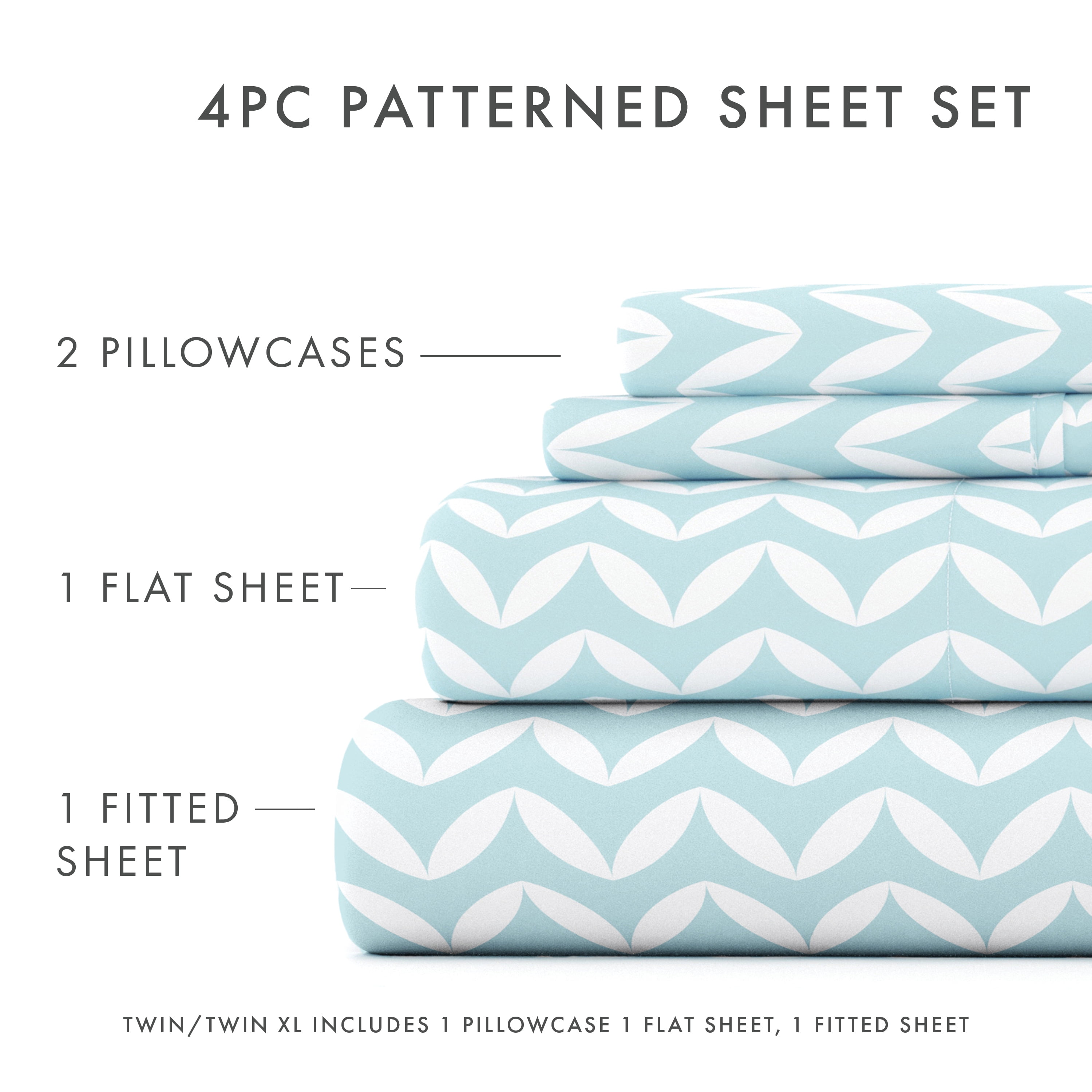 Noble Linens 4 Piece Pattern Microfiber Bed Sheets Set, Light Blue Puffed Chevron, Queen