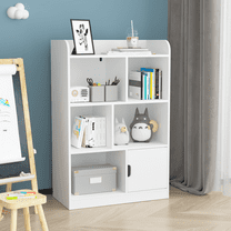 PORKISS White Bookshelf for Kids, Modern Kids Bookcase with Shelves and Cube Organizer, Freestanding Toy Storage with Compartments for Bedroom, Living Room, Office