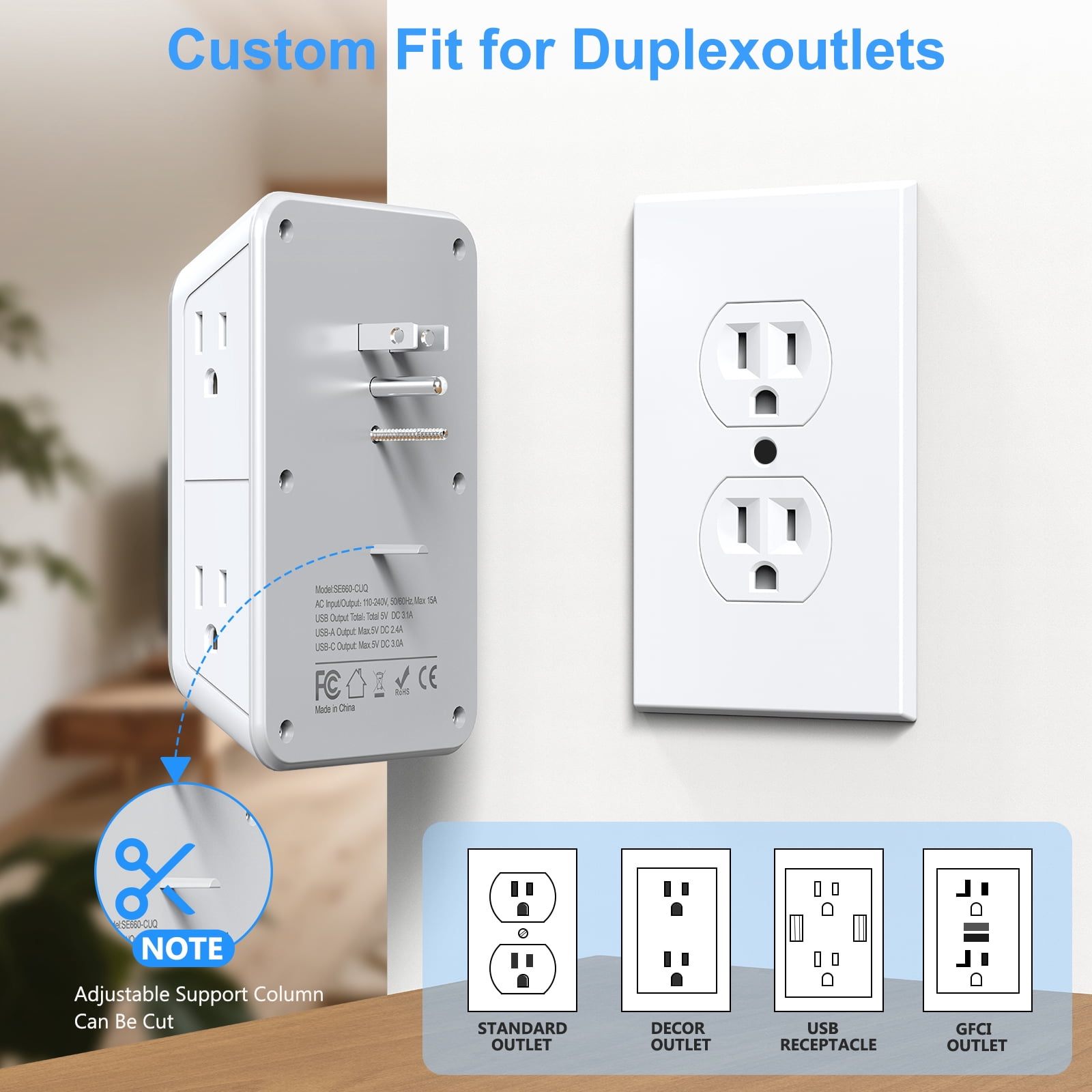 Multi Plug Outlet Surge Protector Wall Charger6 Outlet Extender with 4 USB Charging Ports (4.8A Total) 3-Sided 1050J Power Strip Adapter Spaced Outlets for Home Indoor