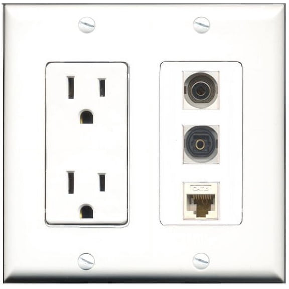 RiteAV - 15 Amp Power Outlet 1 Port Toslink 1 Port 3.5mm 1 Port Cat6 Ethernet Ethernet White Decorative Wall Plate