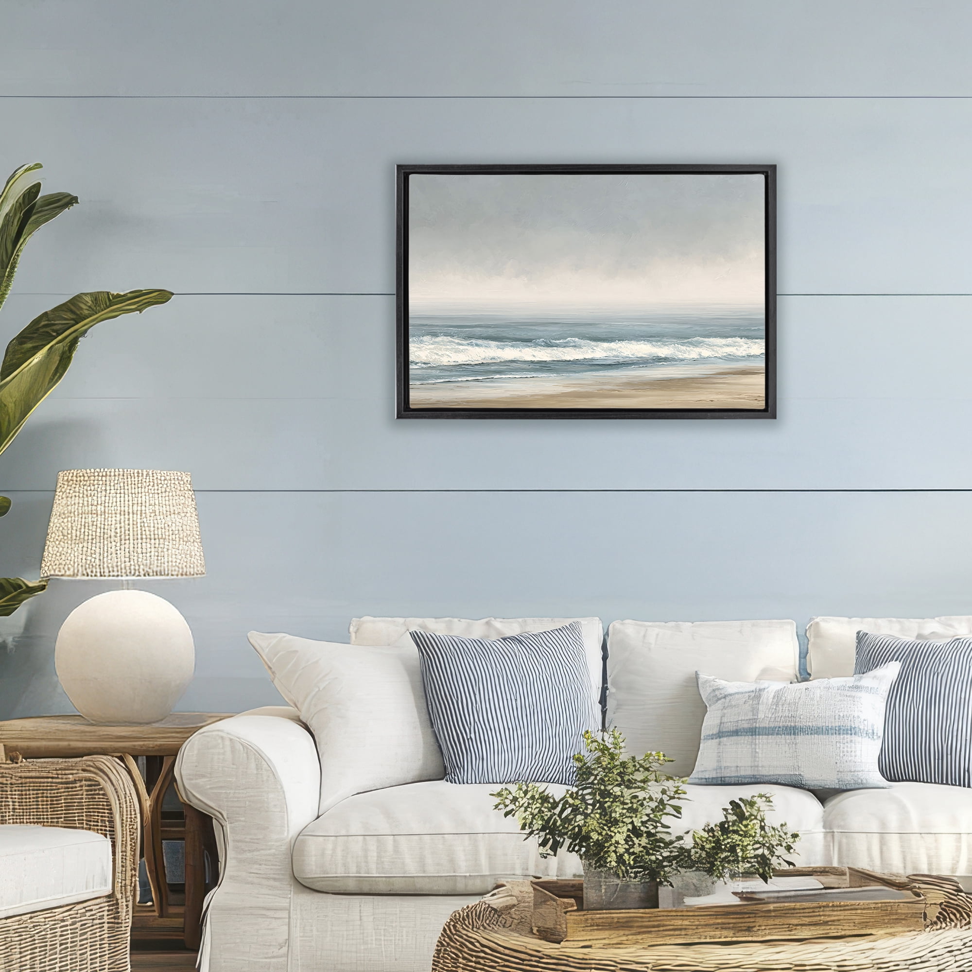 Stupell Industries Tranquil Mist Beachscape Black Framed Floater Canvas Wall Art, design by Jacky Ngan