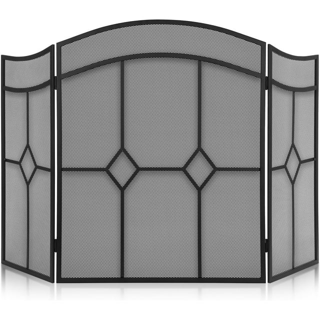 3 Panel Fireplace Screen 48" W x 29" H Modern Foldable with Wrought Metal Decorative Mesh