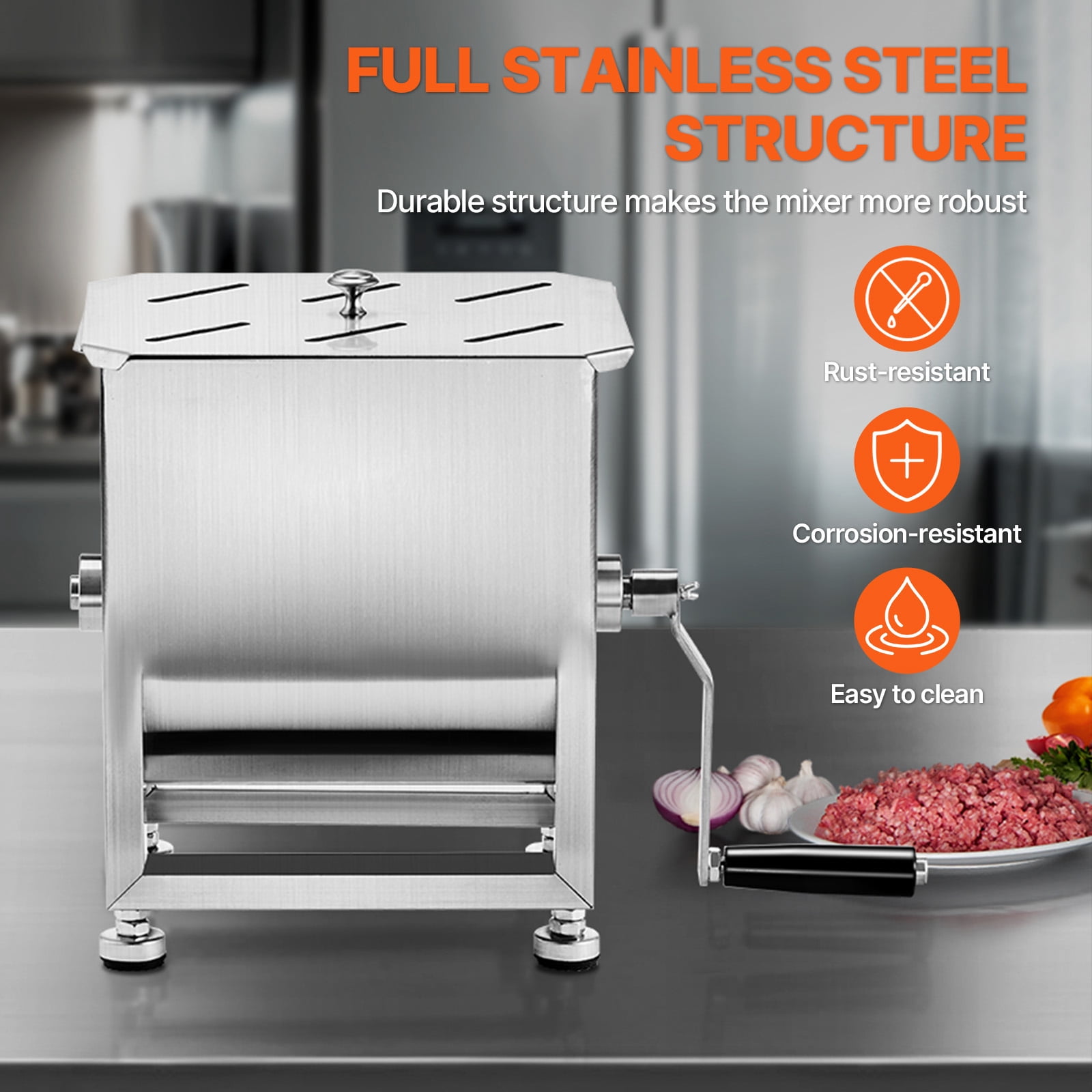 KFFKFF Hand-Operated Meat Blender, 15L Stable Capacity Meat Preparation Tool (Can Mix Up to 15LBS of Meat), Stainless Steel Meat Blending Device, Sausage Blending Apparatus with Cover and Handle