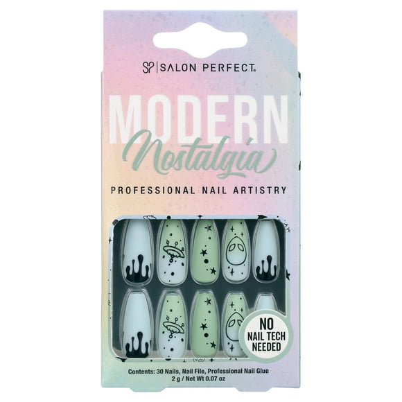 Salon Perfect Press On Nails, 215 Modern Fake Nail Kit, Nostalgia Blue Green UFO, File & Nail Glue Included, 30 Nails