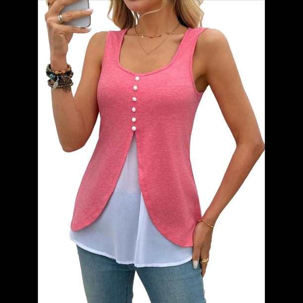 Camisetas de Tirantes de Verano para Mujer, Moda Informal, Sin Mangas, con Dobladillo Dividido y Botones, Chaleco de para Trabajo. Negro M