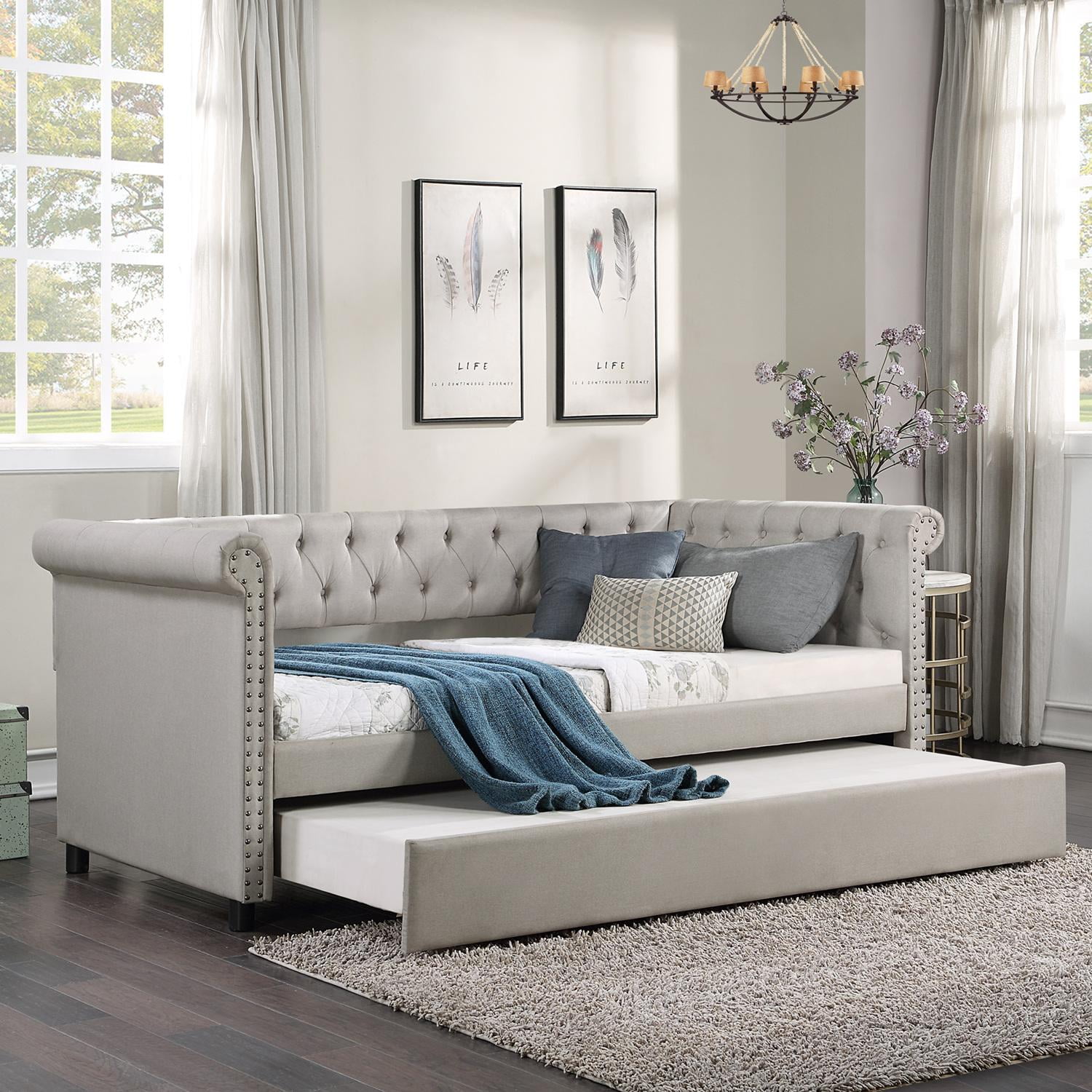 Twin Daybed with Trundle, Linen Fabric Upholstered Classic Style Sofa ...