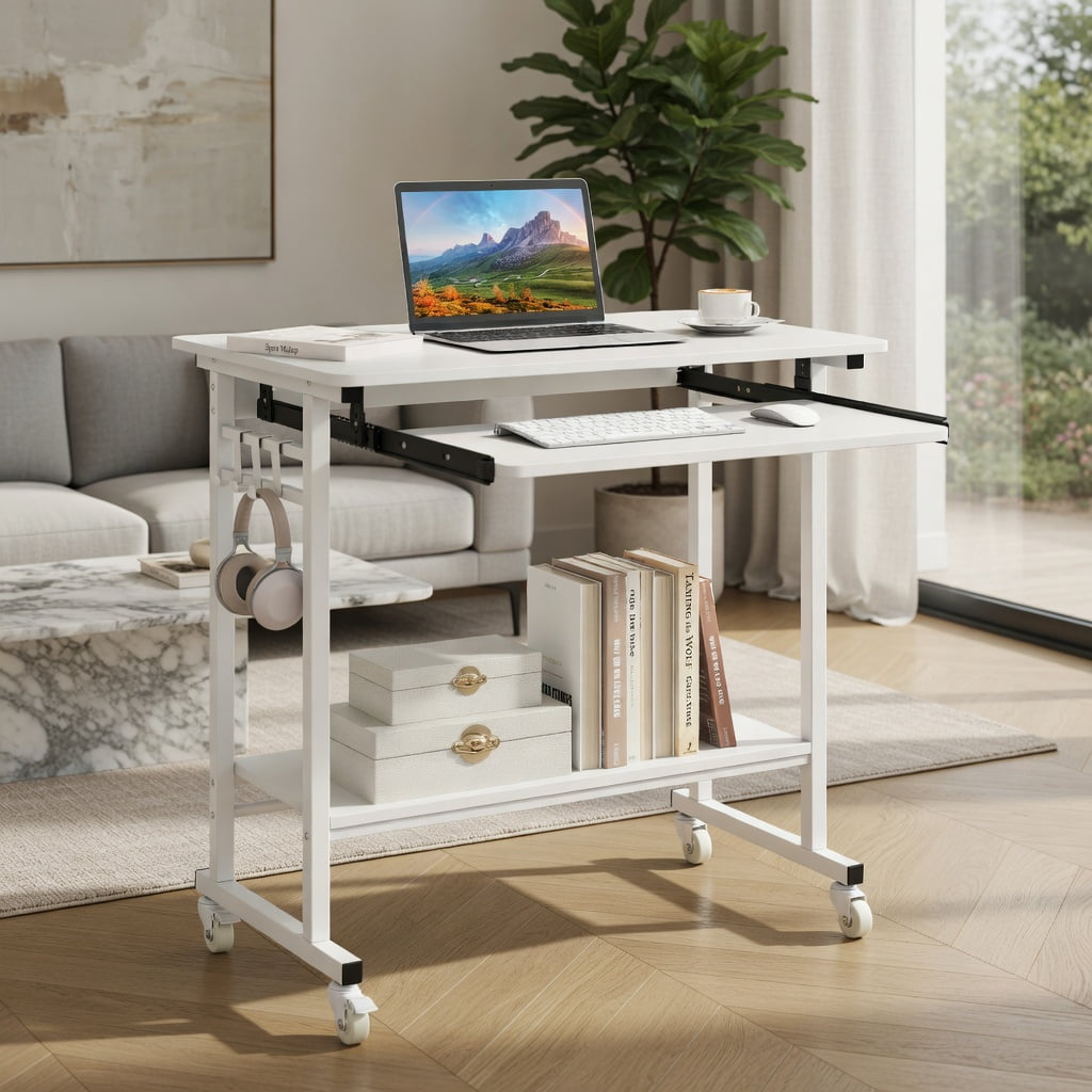 Demi Bonn Rolling Laptop Table with Pull-out Keyboard Tray and Hooks, Mobile Storage Desk for Home Office Bedroom Dorm, Smooth Casters with Brakes, White