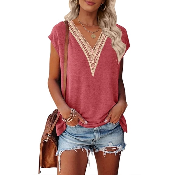 Merokeety Womens Summer V Neck Lace Pleated Blouses Tunic Tops Watermelon xl