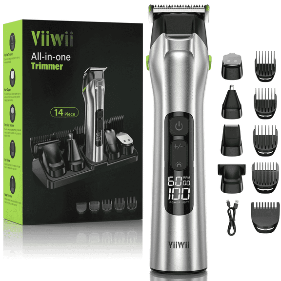 VIIWII Electric Beard Trimmer for Men, 14-in-1 Grooming Kit, Cordless Waterproof, with Nose & Ear Trimmer, Hair Clipper