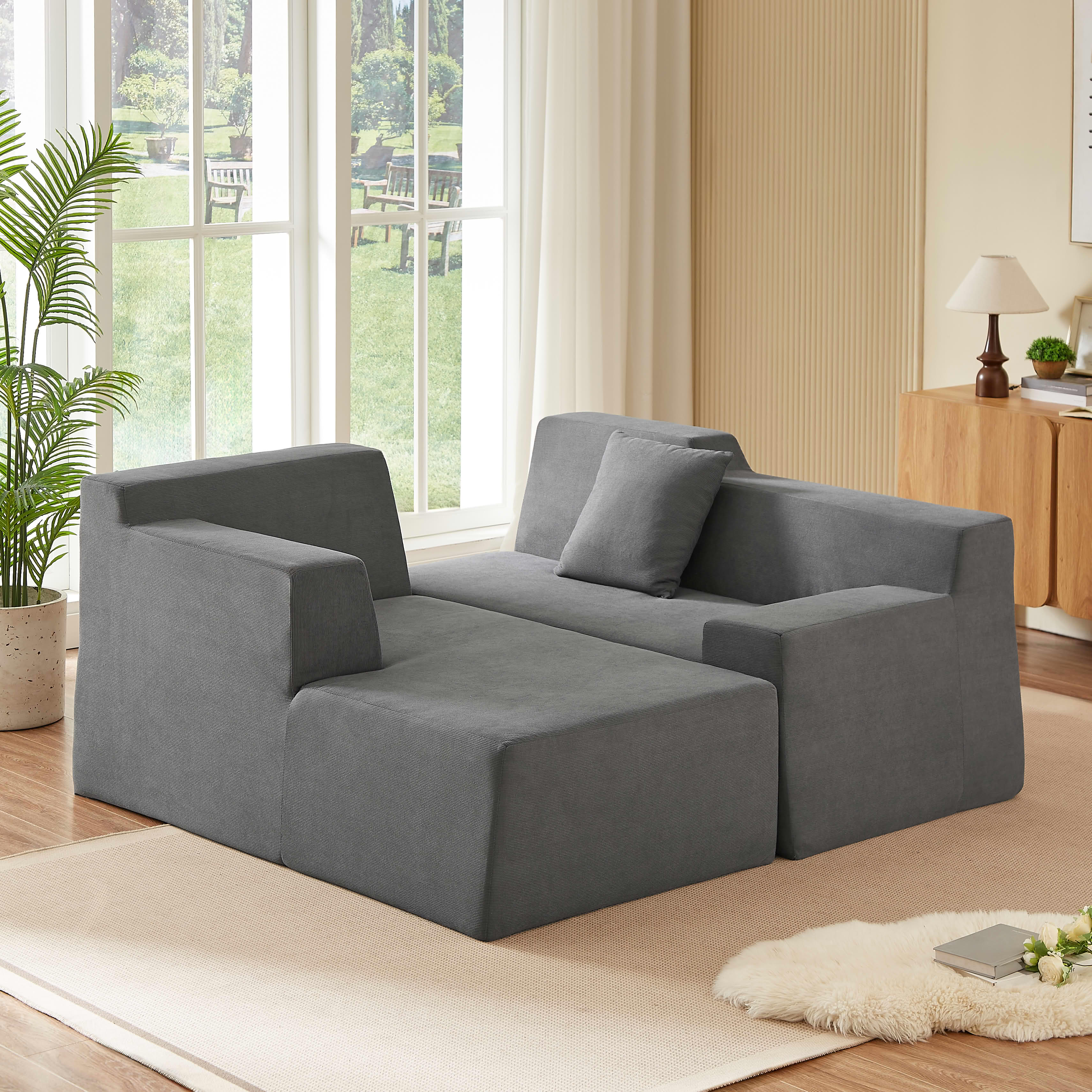 MAYEERTY Minimalist L-Shaped Corduroy Sofa with Geometric High Backrest for Living Room, 96" Dark Gray
