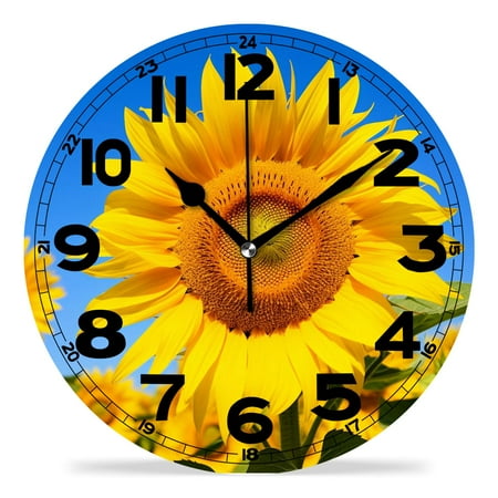 erolrail Rustic Wall Clock,Silent Non Ticking Wall Clocks for Living Room,Bedroom,Kitchen 12IN Beautiful Sunflower Field Lovely