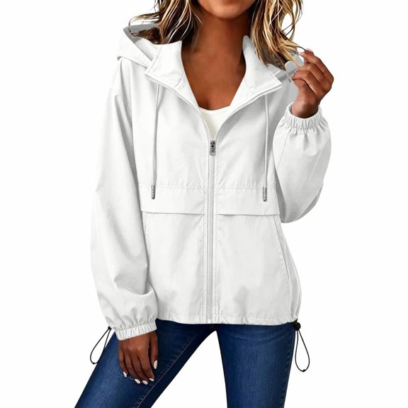 Floleo Women Water Resistant Hooded Zip Up Jacket Half High Collar Drawstring Waist Casual Outdoor Coat with Pockets for Fall Spring
