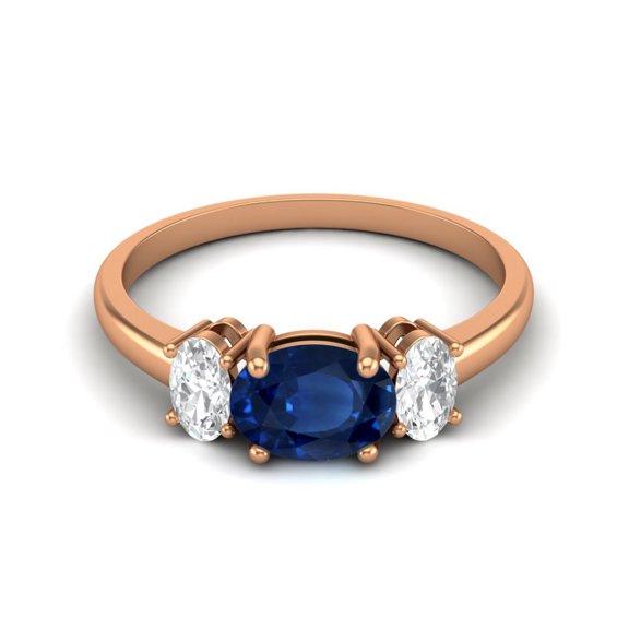 1.50 Cts Blue Sapphire 925 Sterling Silver Rose Vermeil Three-Stone Past, Present and Future Ring