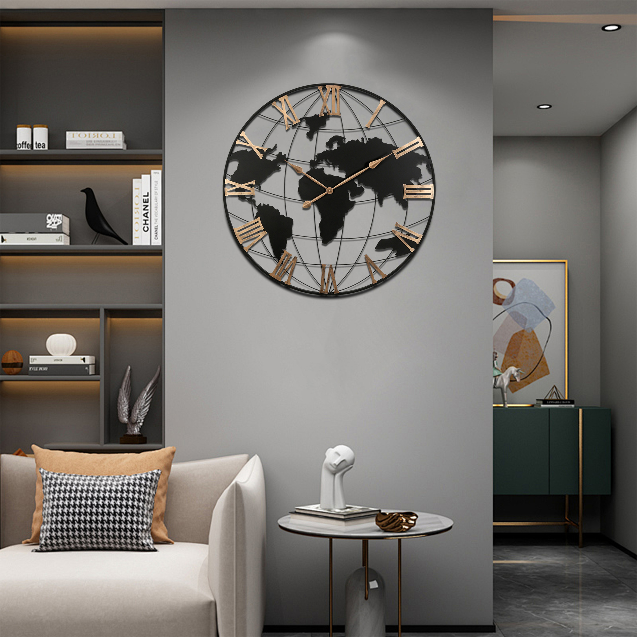 Noble House Extra Large Black Metal World Map Wall Clock, Silent Design with Vintage Gold Roman Numerals, Modern Decorative Clock, Black + Gold