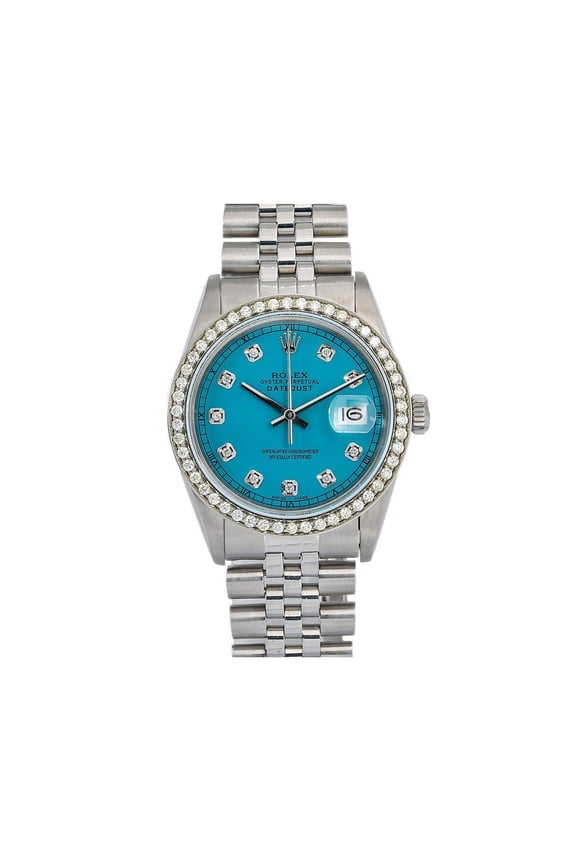 Pre-Owned Rolex Datejust 36MM 16014 Blue Diamond Dial Diamond Bezel Stainless Steel Jubilee Bracelet