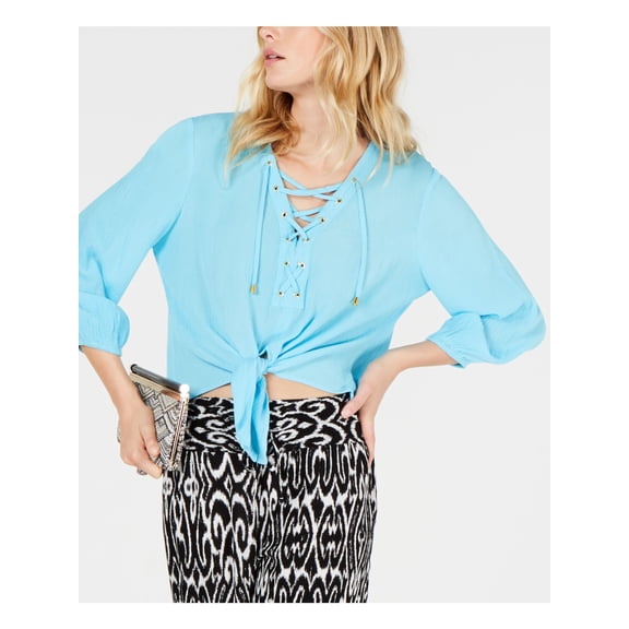 INC Womens Aqua Tie Front Long Sleeve V Neck Top Size: S