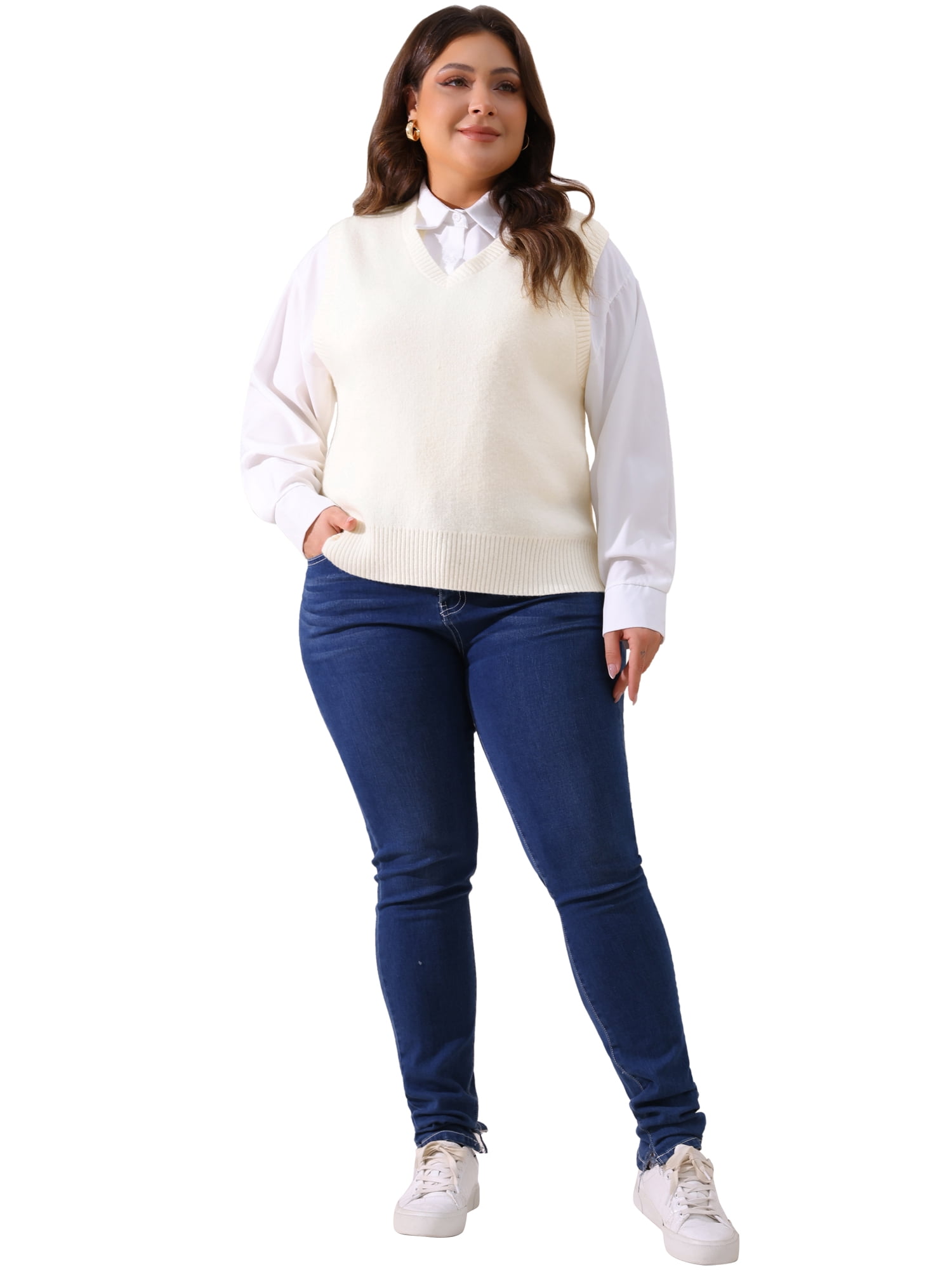 DARING DIVA Women's Plus Size V Neck Knit Sweater Vest 1X White
