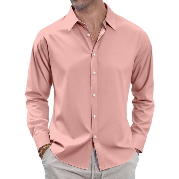 Dwellite Men's Fit Dress Shirt Solid Color Long Sleeve Casual Business Trendy Collared Button Up Shirts 2026 Pink 3XL
