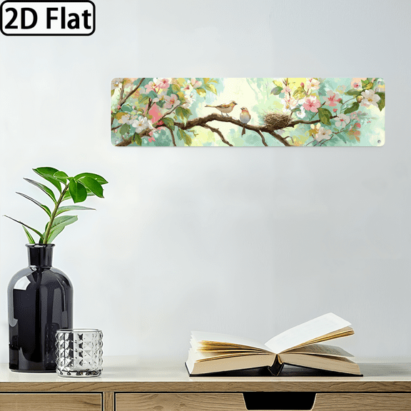 Wllo0ord 2D Flat, 1pc 16*4 Inch Aluminum Metal Wall Art Sign Charming Spring Birds on Blossoming Branches with Cherry Blossoms Birds, Modern Classic Indoor Outdoor Decoration for Kitchen, Living Room