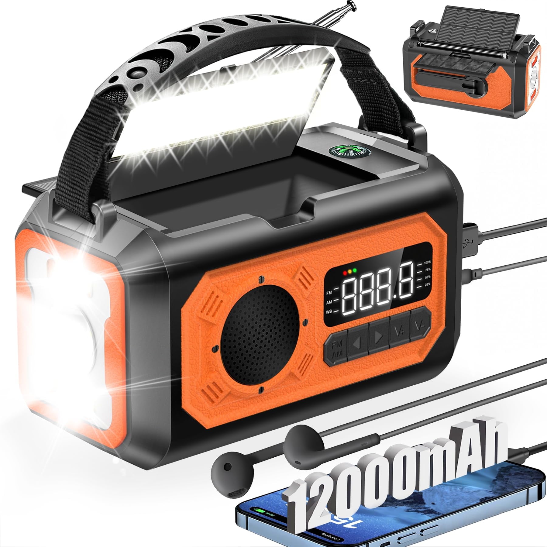 JOUALY 12000mAh Emergency Radio, AM/FM/NOAA Weather Radio,Portable Hand Crank Radio,Multi-Function Solar Radio,2 Solar Panels,USB Type-C Charging,Torch & LED Reading Lamp,SOS Alarm,Compass