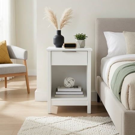 Nightstand with Drawer 3-Tier End Side Table with Storage Drawer and Shelf Modern Bedside Night Stand for Bedroom Living Room – Retro White
