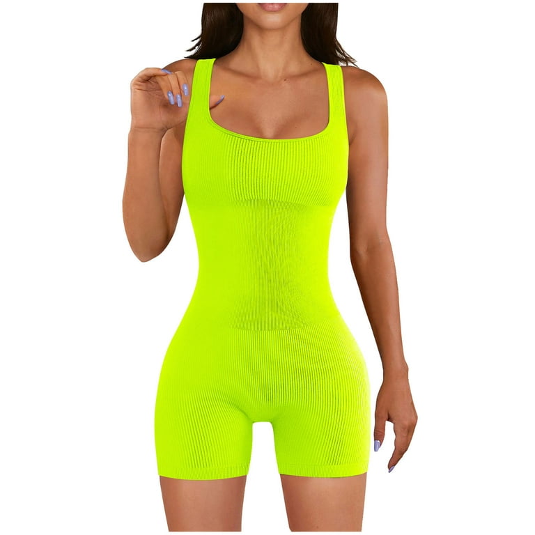QUYUON Women Yoga Rompers Workout Ribbed Knit Square Neck Sleeveless Tank  Tops Jumpsuits Shorts Exercise One-Piece Jumpsuits Sport Romper Short Yoga