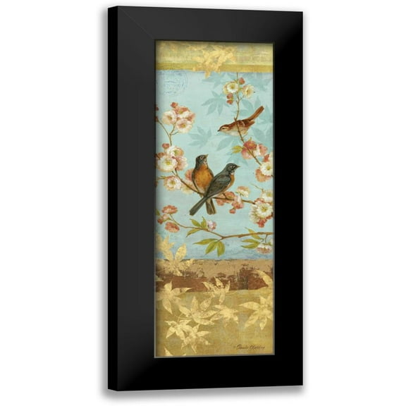 Gladding, Pamela 7x14 Black Modern Framed Museum Art Print Titled - Robins and Blooms Panel