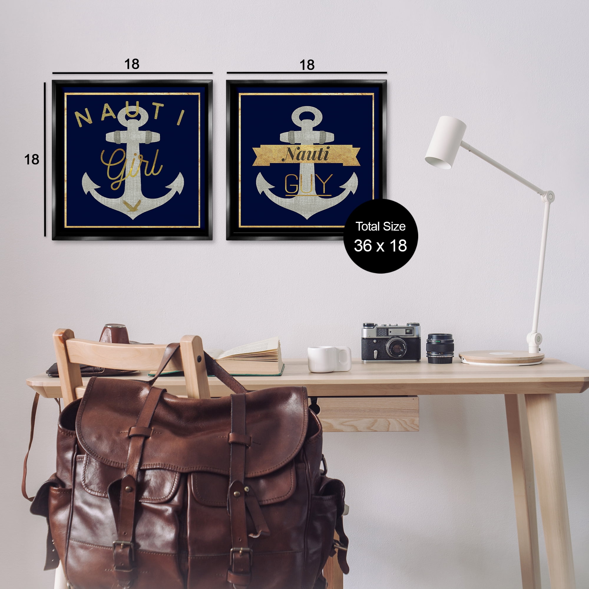 Stupell Industries Nauti Girl & Guy Anchors Nautical & Beach Painting Black Floater Framed Canvas Art Print Wall Art, 18 x 18, Set of 2