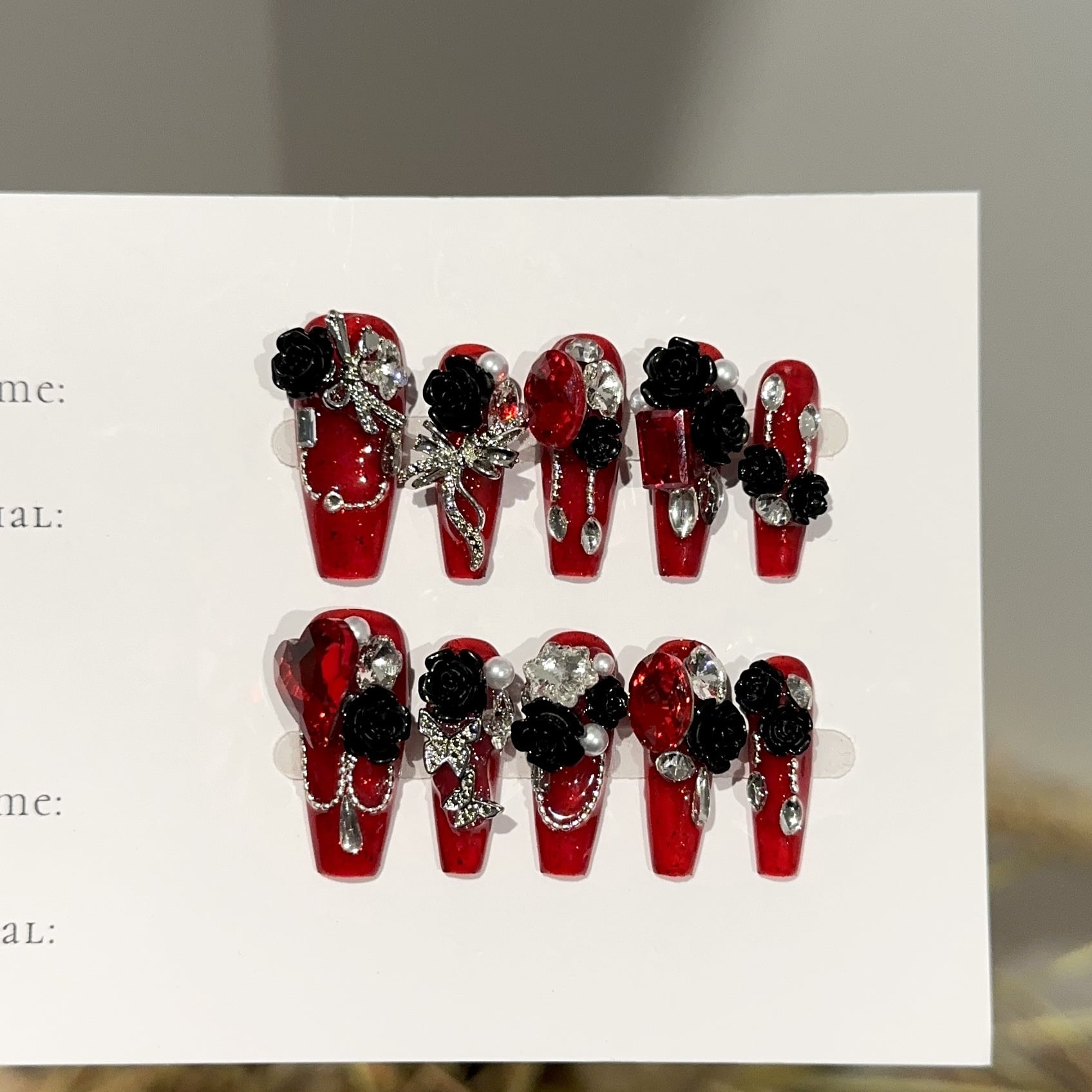 Purely handmade wearing nail advanced sense autumn and winter burgundy long nail art piece camellia red diamond fake nail patch