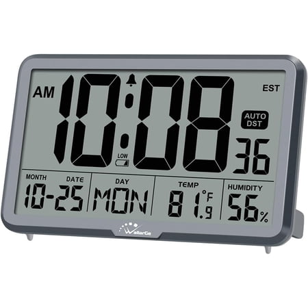 Auto Set Digital Wall Clock Battery Operated, Desk Clocks with Temperature, Humidity and Date, Large Display Digital Calendar Alarm Clock for Elderly, Bedroom, Office, 8 Time Zone, Auto DST.