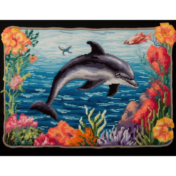 Dolphin Sea Latch Hook Rectangle Rug Kits for Adults Needle Crochet Yarn Embroidery Carpet Hook and Latch Kit Floor Mat Tapestry Christmas Home Decoration 52x38cm(1)