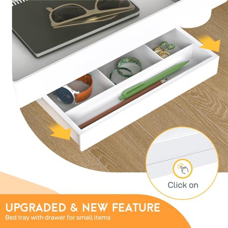 LLMRR BEDSIDE SHELF, FOLDABLE BUNK BED SHELF, ATTACHABLE BEDSIDE TABLE WITH HOOKS, COLLEGE DORM ROOM ESSENTIALS, BEDSIDE CADDY TRAY ORGANIZER FOR LOFT BED, DORM BED, WHITE, WITH DRAWER
