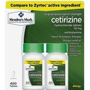 Member's mark 10mg cetirizine hydrochloride antihistamine tablets, 10 mg, 200 ct (pack of 2)