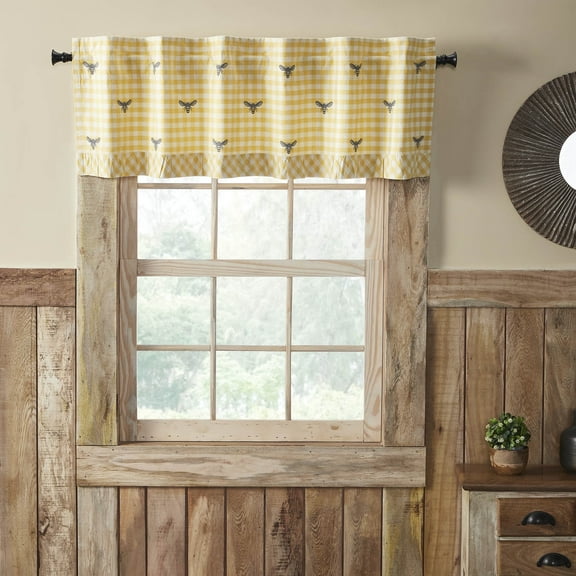 VHC Brands Buzzy Bees Ruffled Valance 18x60, Window Treatment, Bedroom, Living Room, Dining Room, and Kitchen Decor, Cotton, Buzzy Bees Collection, 18x60, Vintage Yellow