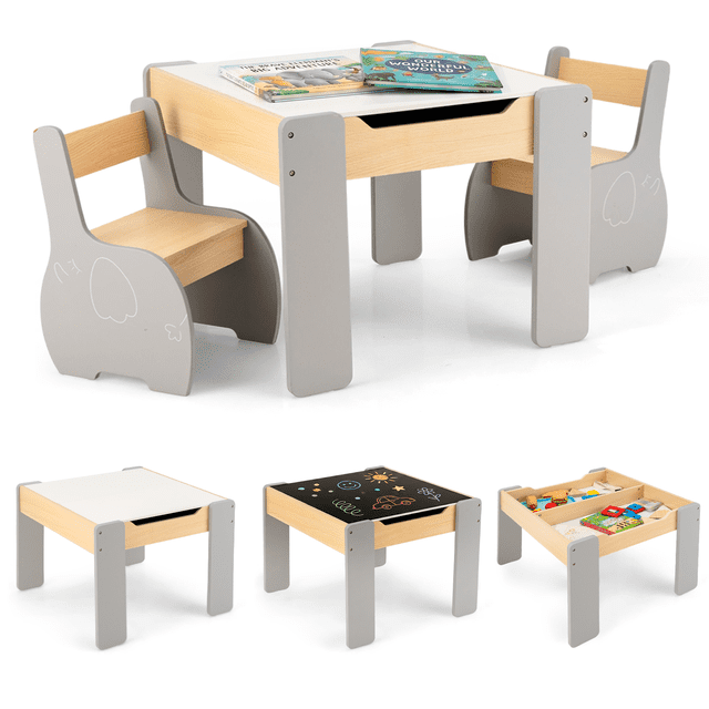 OLAKIDS 3 in 1 Kids Table and Chair Set, Wood Multi Activity Table with Removable Tabletop, Blackboard for Toddler Playing Drawing Reading Arts Crafts, Children Furniture