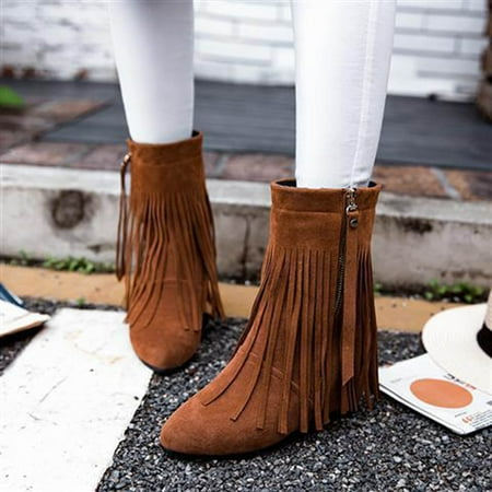 

FZM Women shoes Fringed Flat Comfortable Solid Zipper Ankle Color Suede Women s Boots Fashion Women s Boots