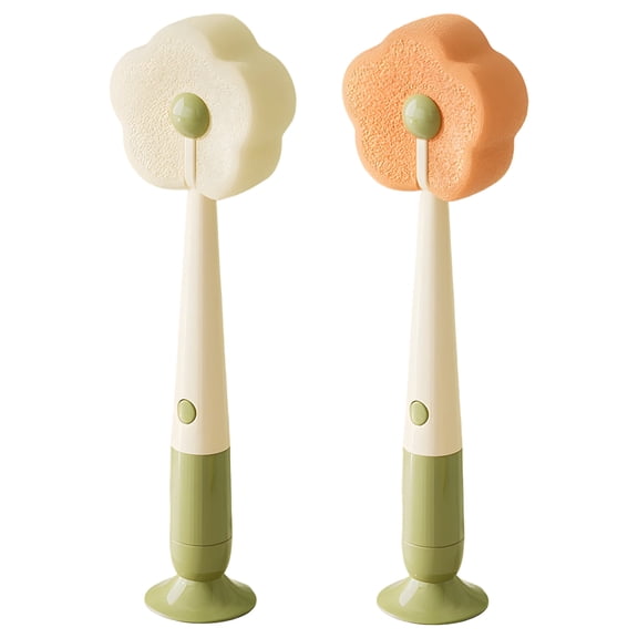 2 Pcs Flower Suction Cup Bottle Brush, Long Handle Multi-Functional Cleaning Sponge Scouring Pads for Water Bottle, Little Mind's Bottles, Cups, Glasses, Drinkware Washing