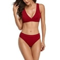 thumbnail image 2 of Women's Deep V Neck Ribbed Textured High Waist Two Piece Bikini Set Bathing Suits Push Up Padded Swimwear Wine XL, 2 of 6