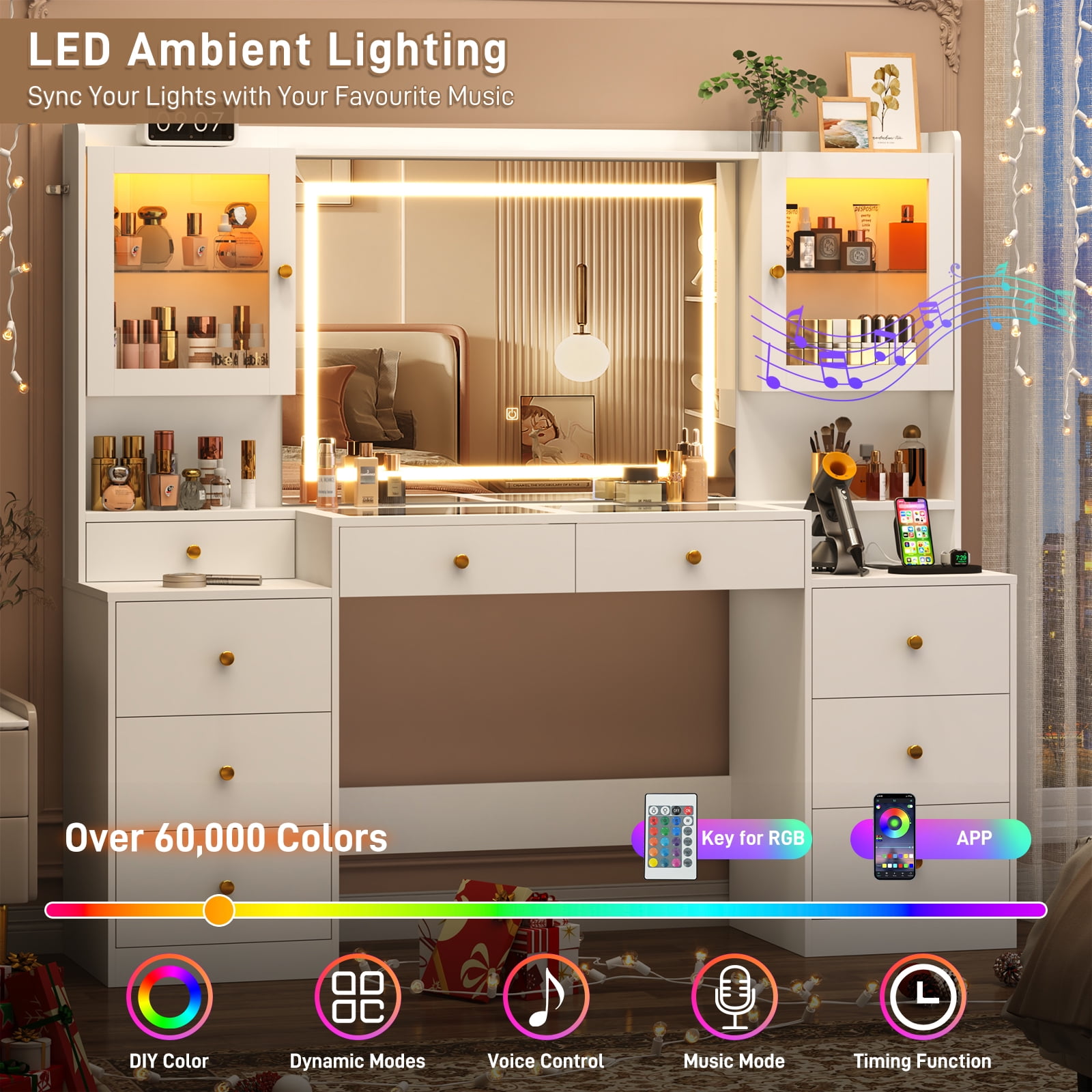 Blotout 62'' Large Vanity Desk w/60000-color LED Lights, Tempered Glass Top, Power Outlet, Makeup Vanity Table w/ 3 Lights Mode Mirror, 9 Drawers, 2 RGB Cabinets, LED Dressing Table for Girls, Women
