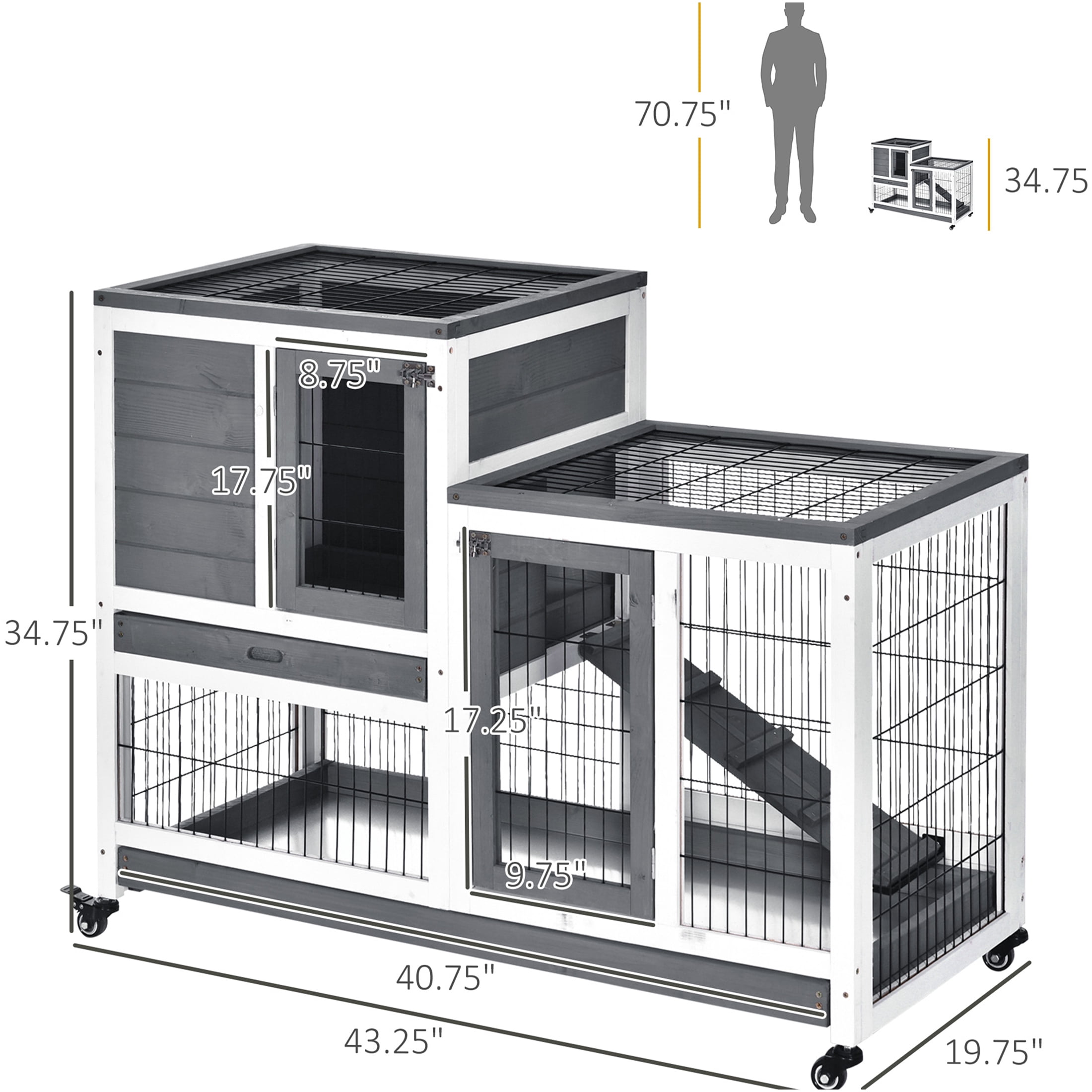 JERFIT Elevated Wooden Rabbit Hutch with Outdoor Run, Wheels & Ramp, Grey Indoor Bunny Cage for Rabbits, Guinea Pigs, Small Animals