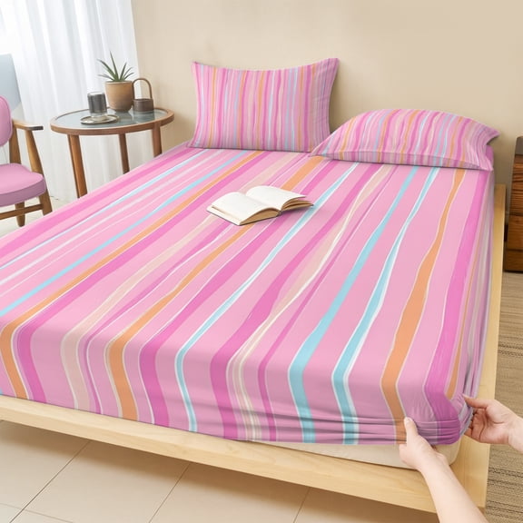 Queen Size Fitted Sheet Set - Pink Orange Blue Stripe 3 Piece Bedding Sets 16" Deep Pocket Fitted Sheet with 2 Pillowcases, Modern Abstract Art Striped Farmhouse Brushed Microfiber Hotel Bed Sheets