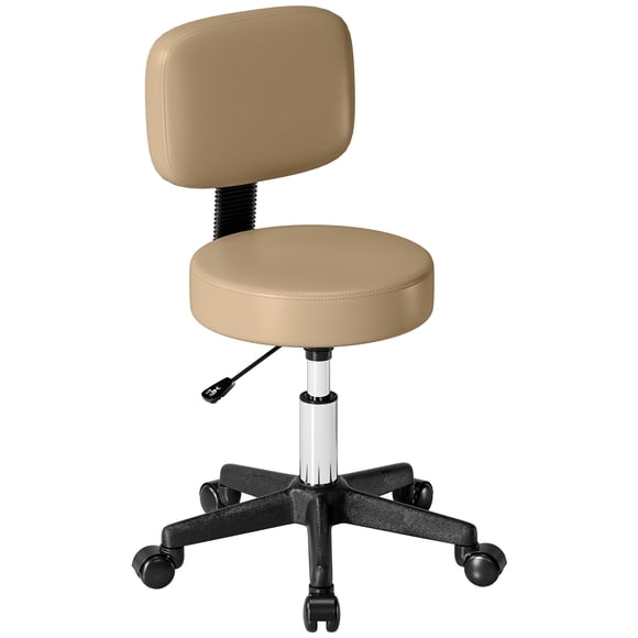 Tabouret Roulant Réglable en Cuir PU avec Dossier - Chaise de Dessin Marron pour Salon, Beauté, Bureau et Usage Domestique - Siège Rond de 13,8 Pouces, Hauteur de 33,1 Pouces