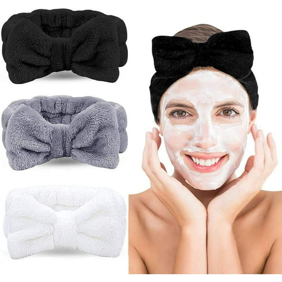Hair band set of 3, cosmetic headband for women, bow hair band, coral makeup headband, spa sports face care hair band, elastic hair band (white, gray, black)