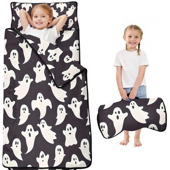 Dark Halloween White Ghosts Toddler Nap Mats for Kids Preschool,50"x20" Sleeping Mat Bag or Kids,Toddler Sleeping Bag,Toddler Nap Mat or Daycare